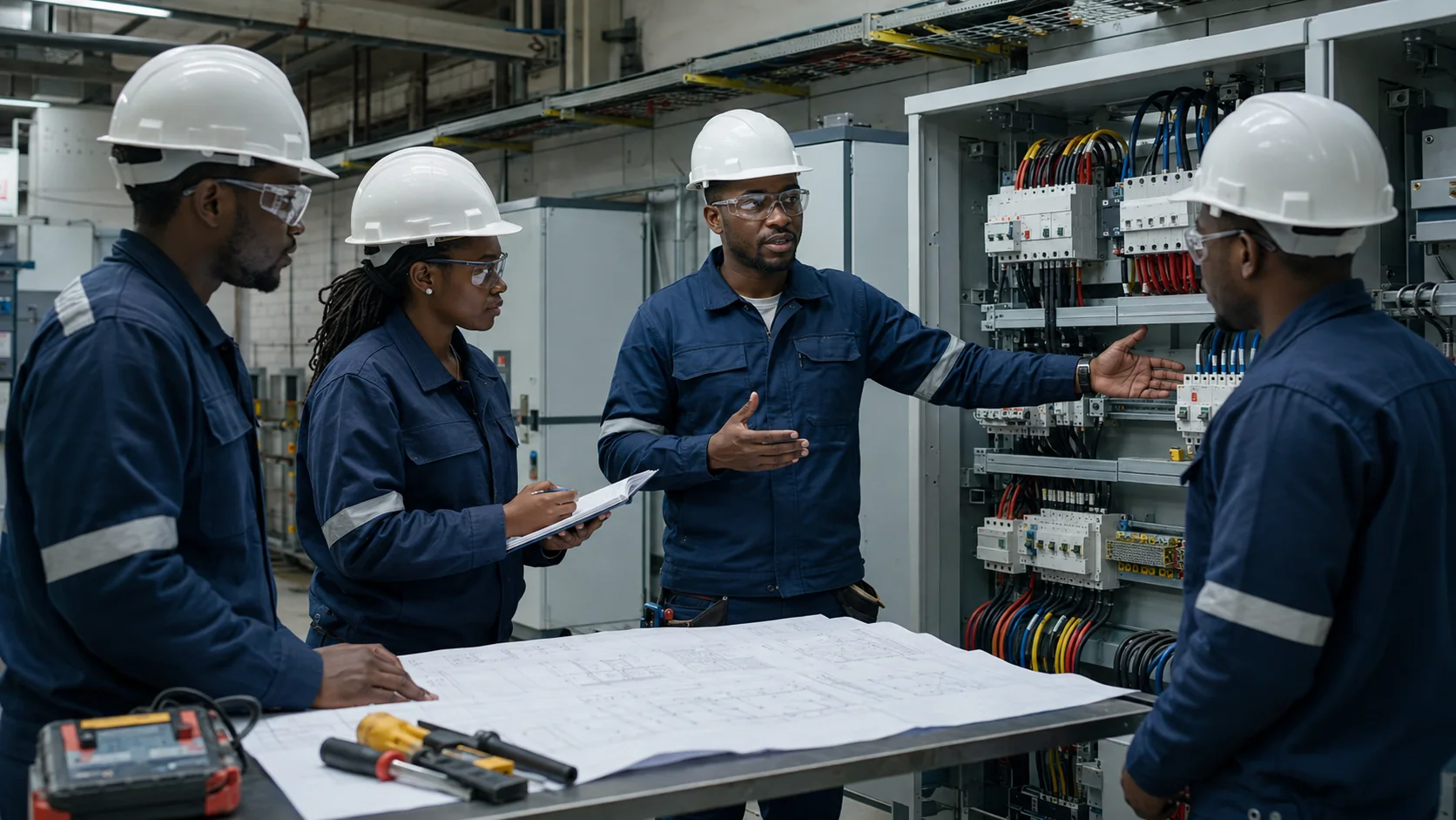 Electrical engineering team reviewing plans beside industrial control equipment