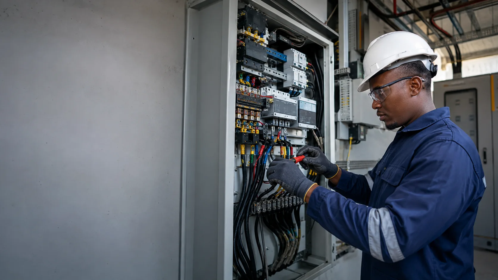 Electrician working safely on a commercial distribution board