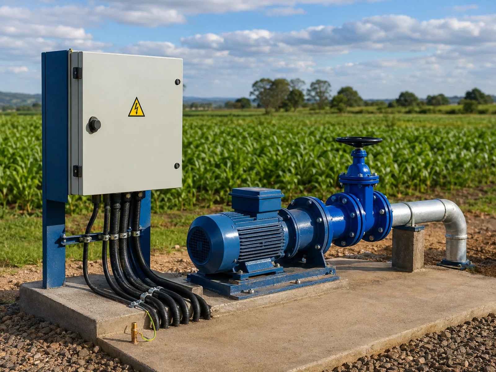 Agricultural irrigation pump and electrical control installation