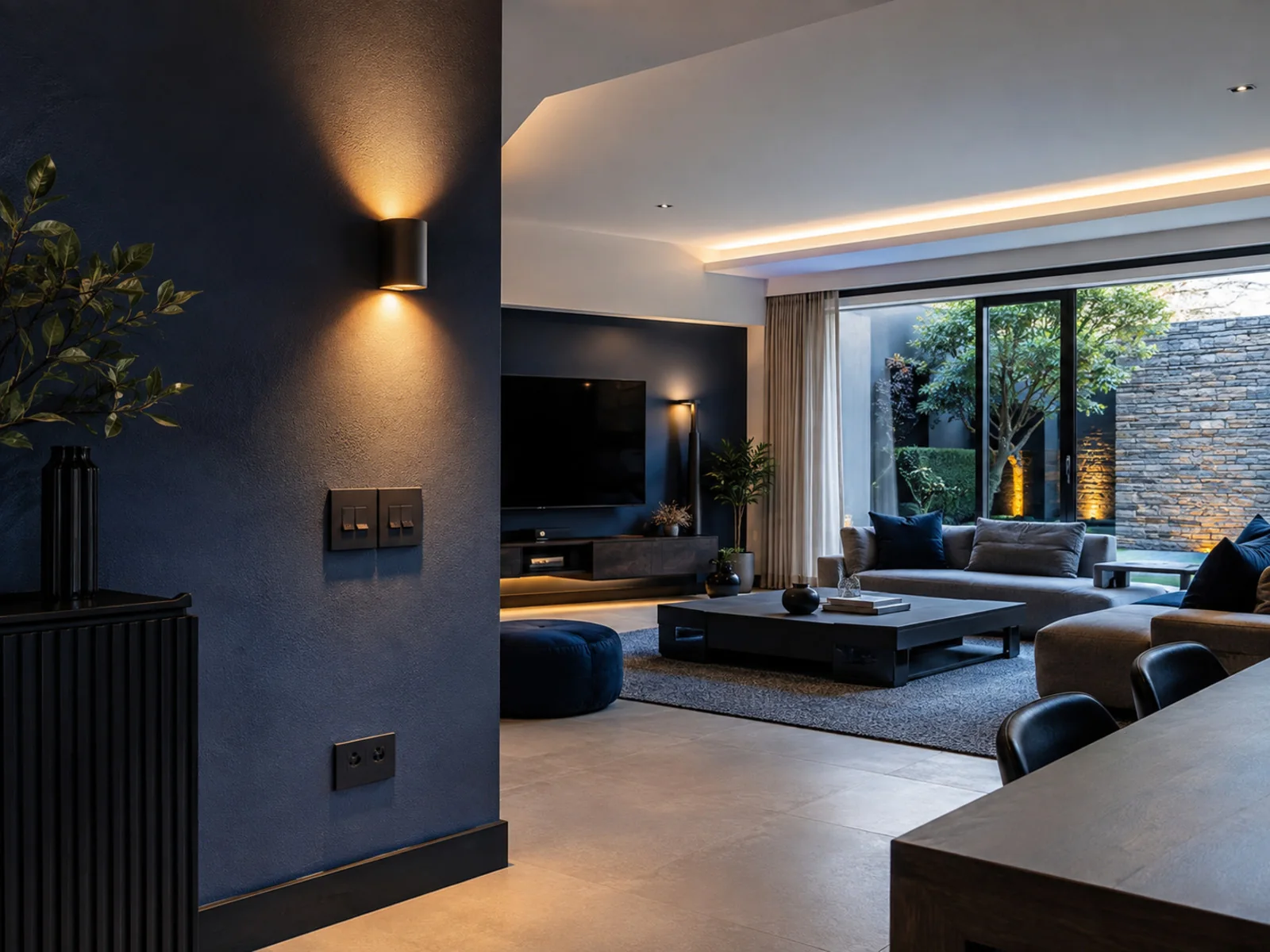 Modern domestic electrical installation with finished lighting and power outlets