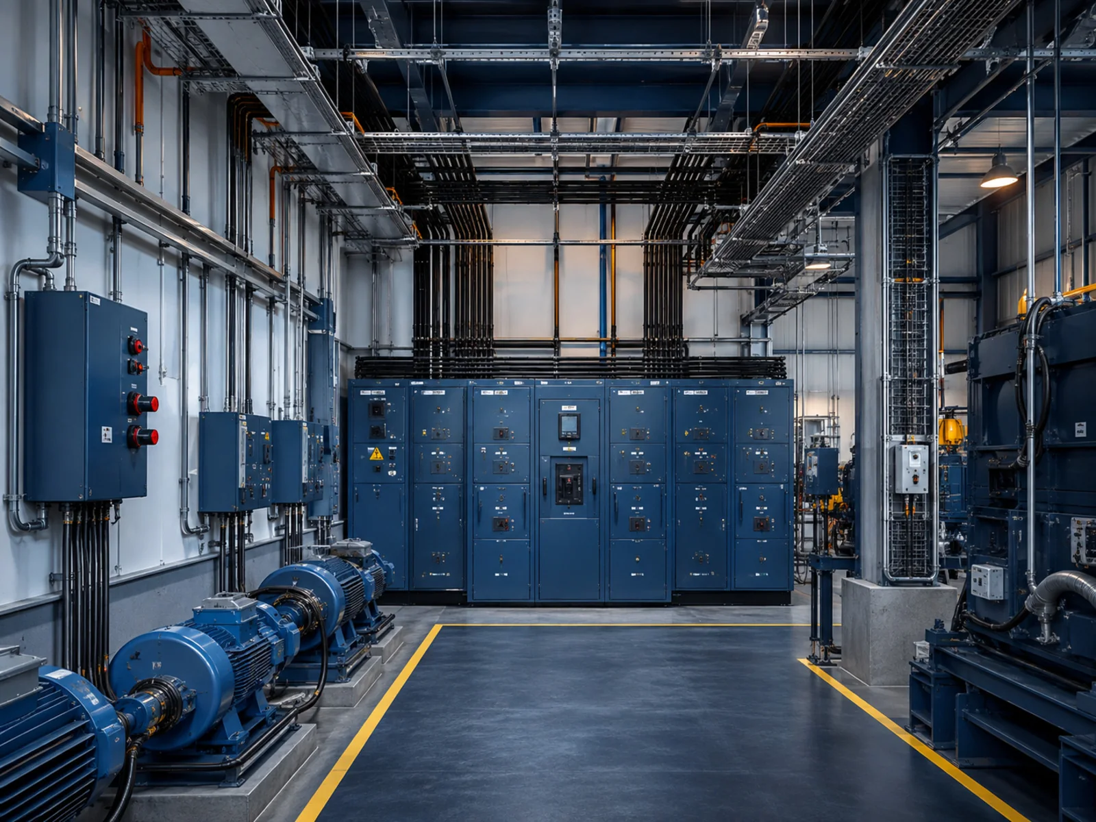 Completed industrial electrical installation with cable trays and distribution equipment