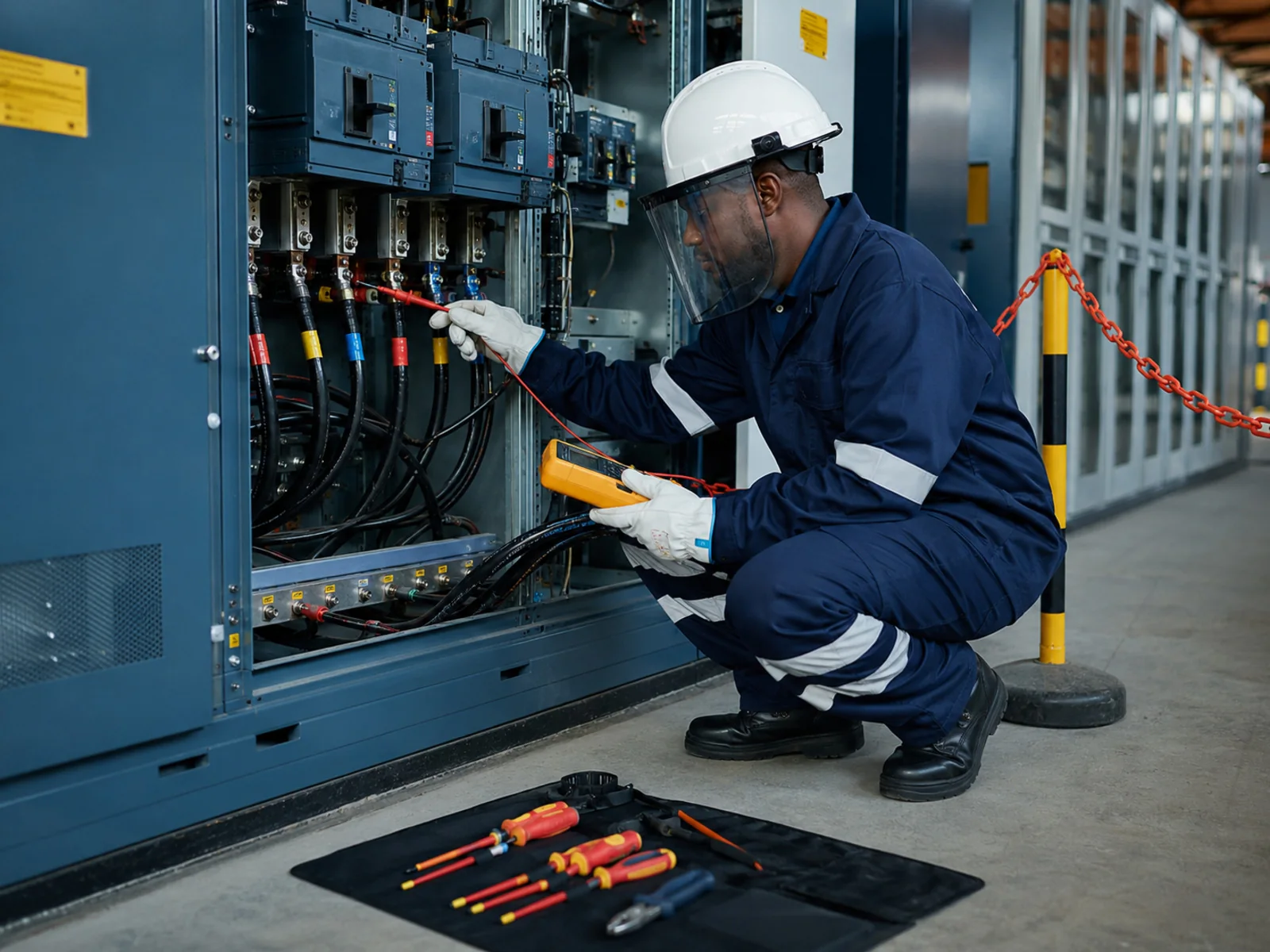Electrician conducting preventative maintenance on commercial distribution equipment