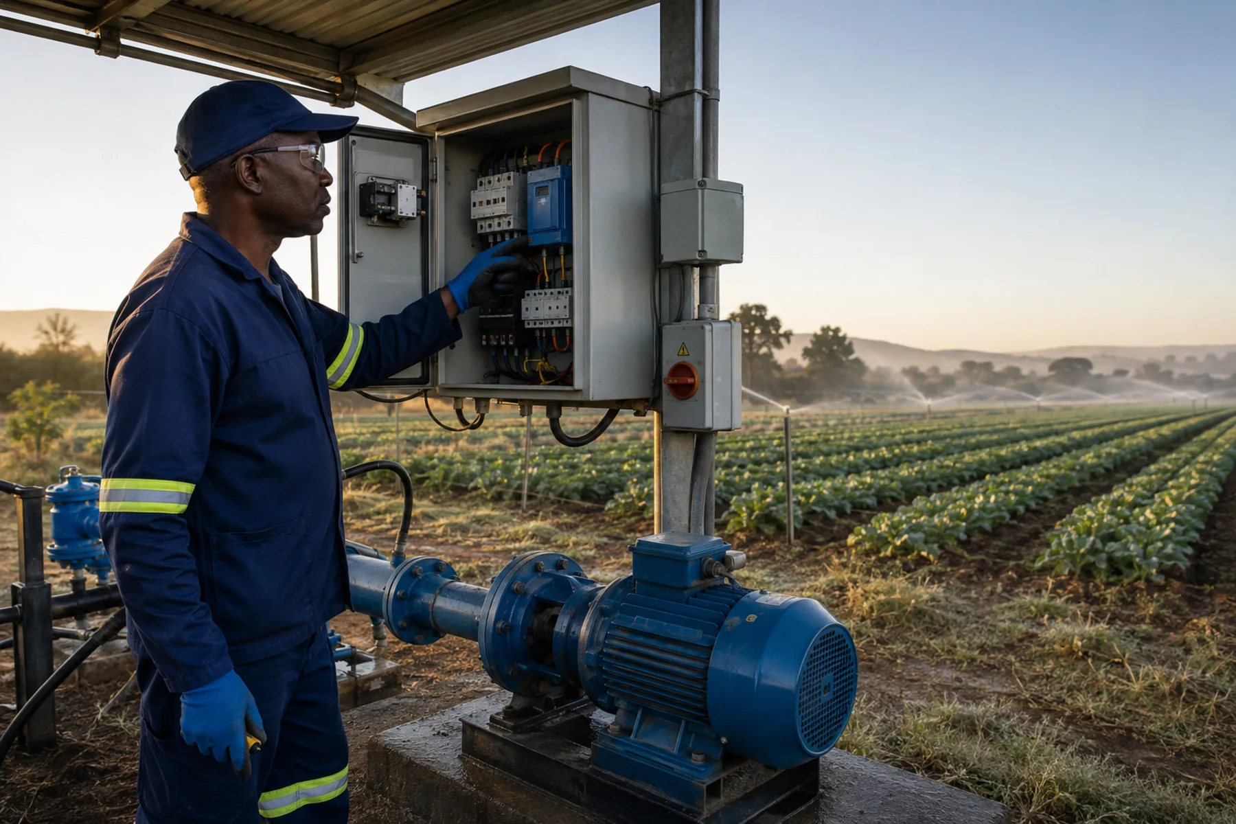Electrical technician inspecting irrigation pump controls on a farm