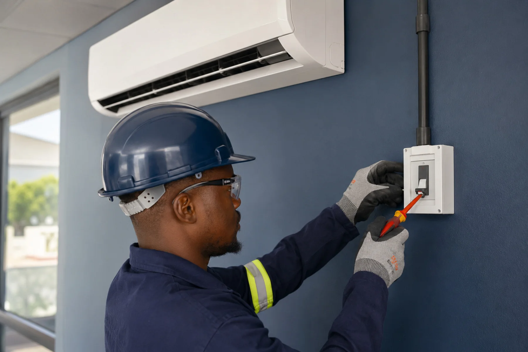 Electrician working on the isolation switch for an air-conditioning unit