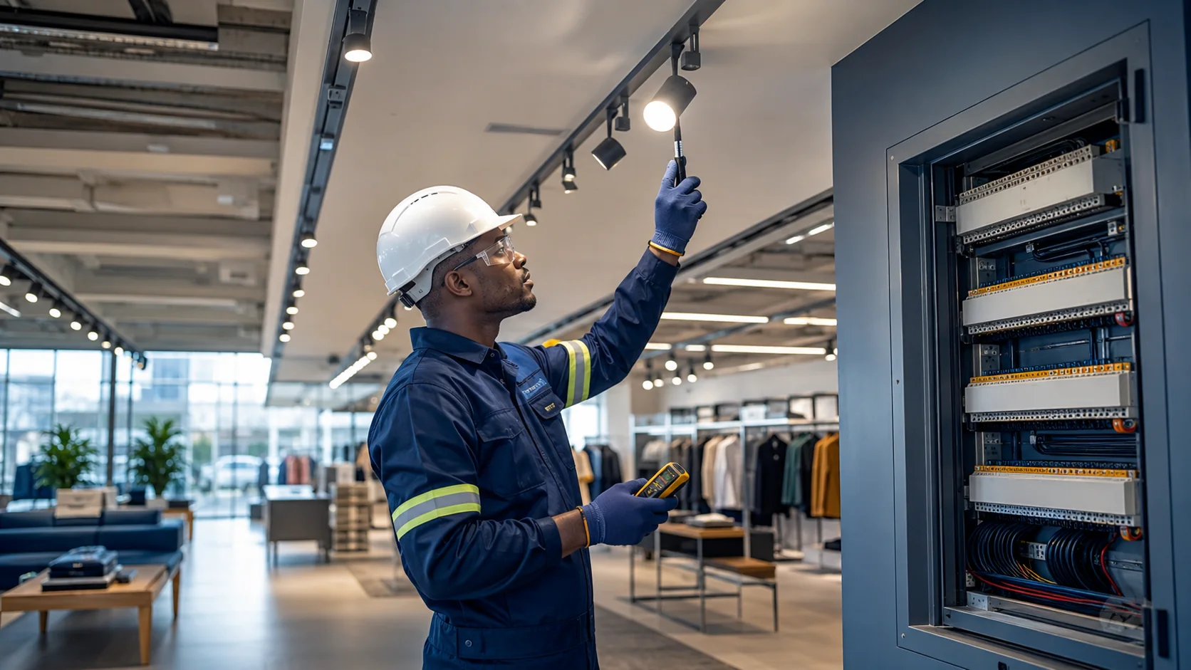 Electrician inspecting lighting and a distribution board in a commercial retail space