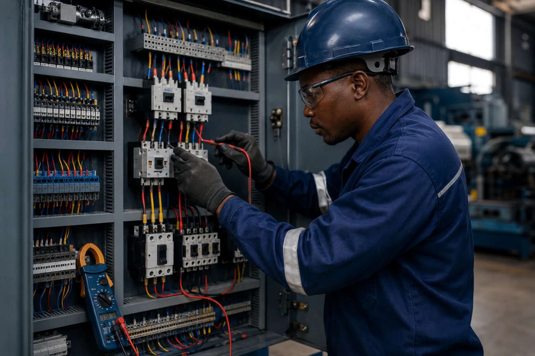 Electrician testing components inside an industrial motor control panel