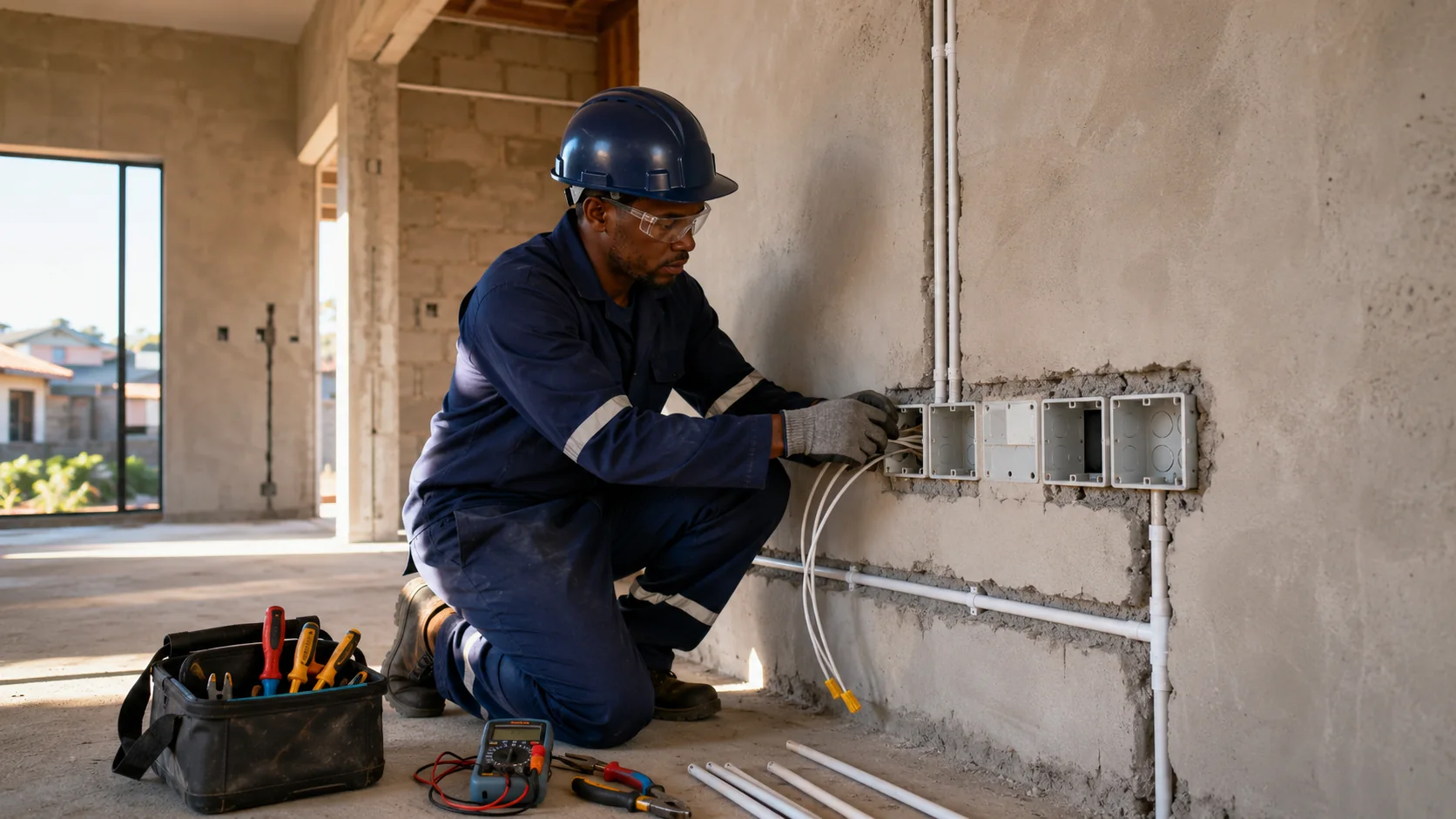 Electrician installing domestic wiring and power outlets in a new house
