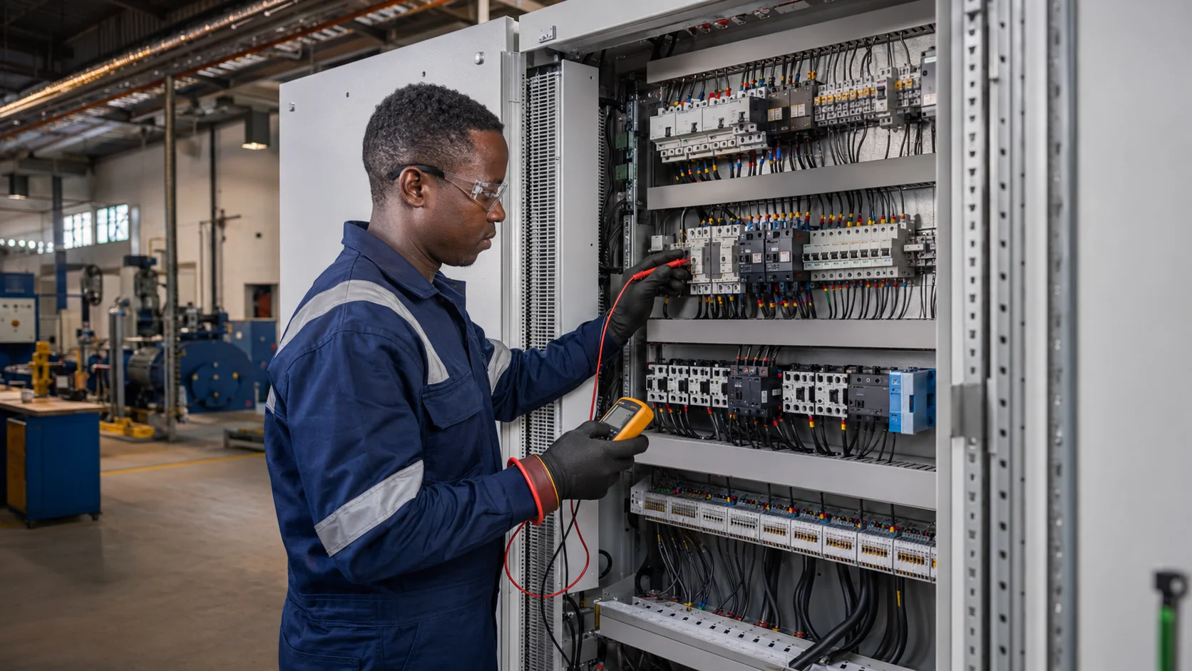 Industrial electrician testing a professionally installed control panel