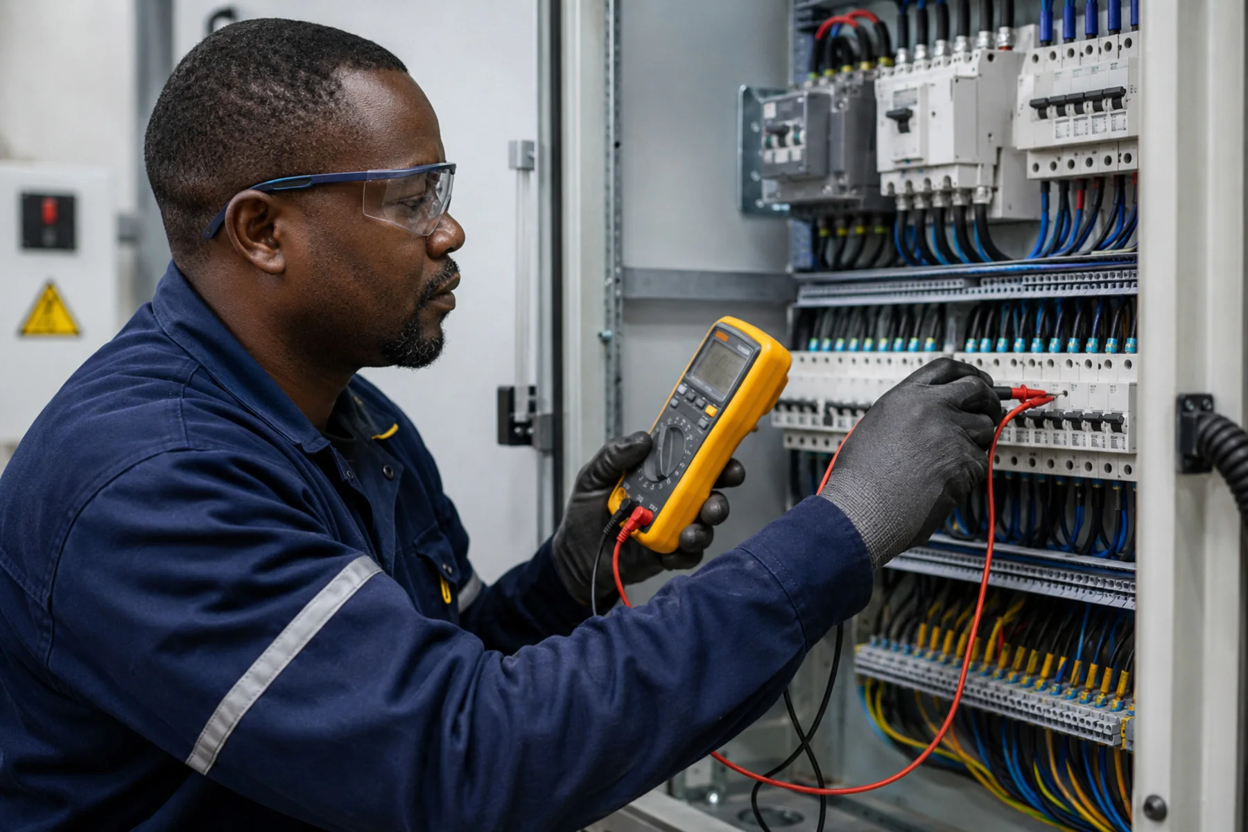 Electrician using a multimeter during electrical maintenance and fault diagnosis