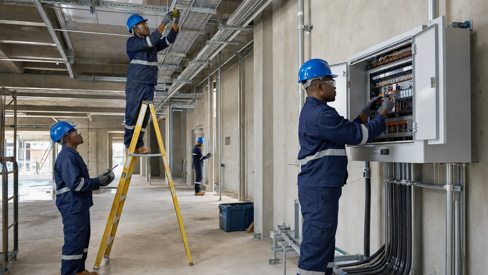 Electrical team installing cable trays and a distribution board in a new commercial building