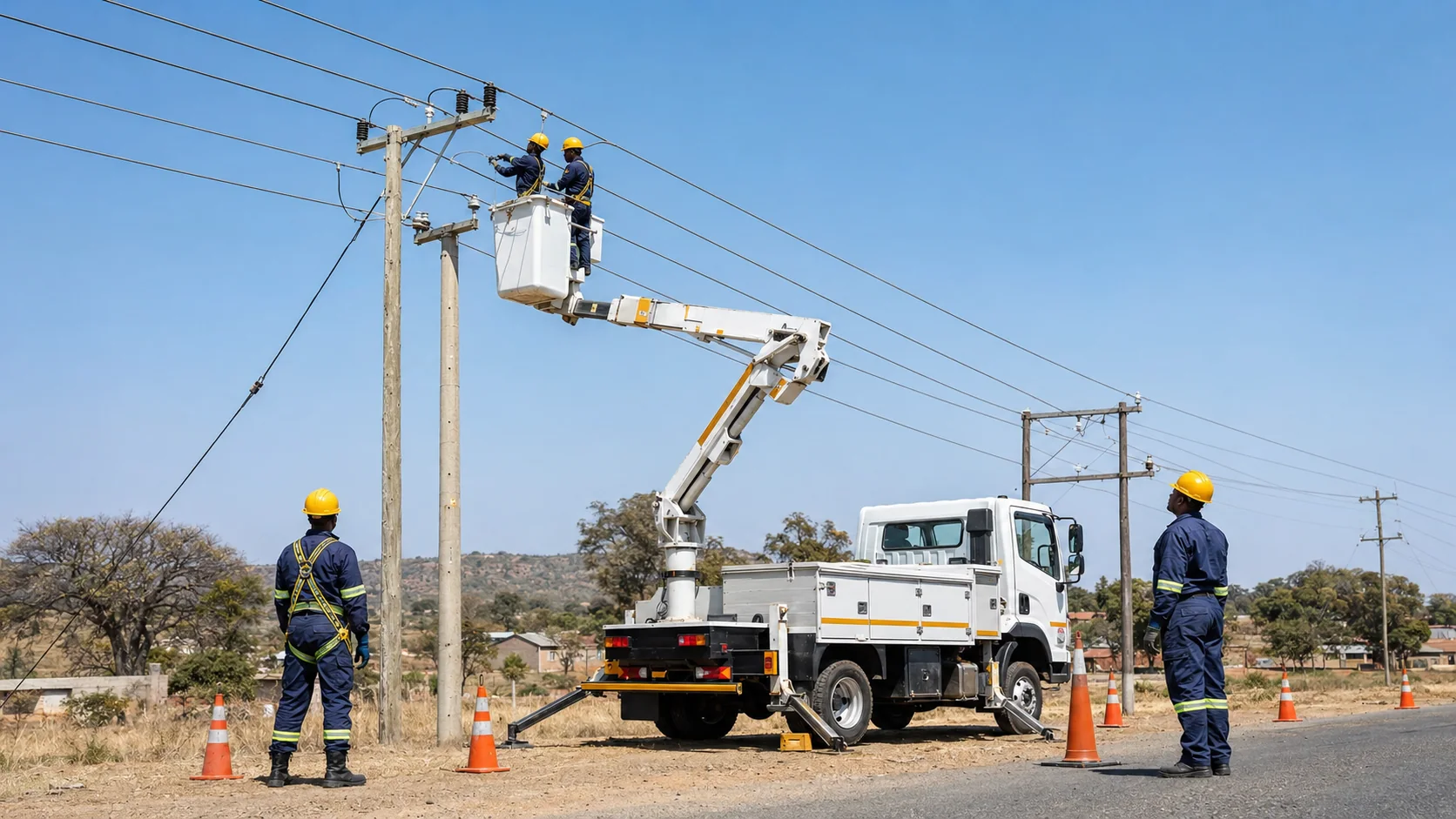 Line workers using an elevated platform to service overhead electrical lines