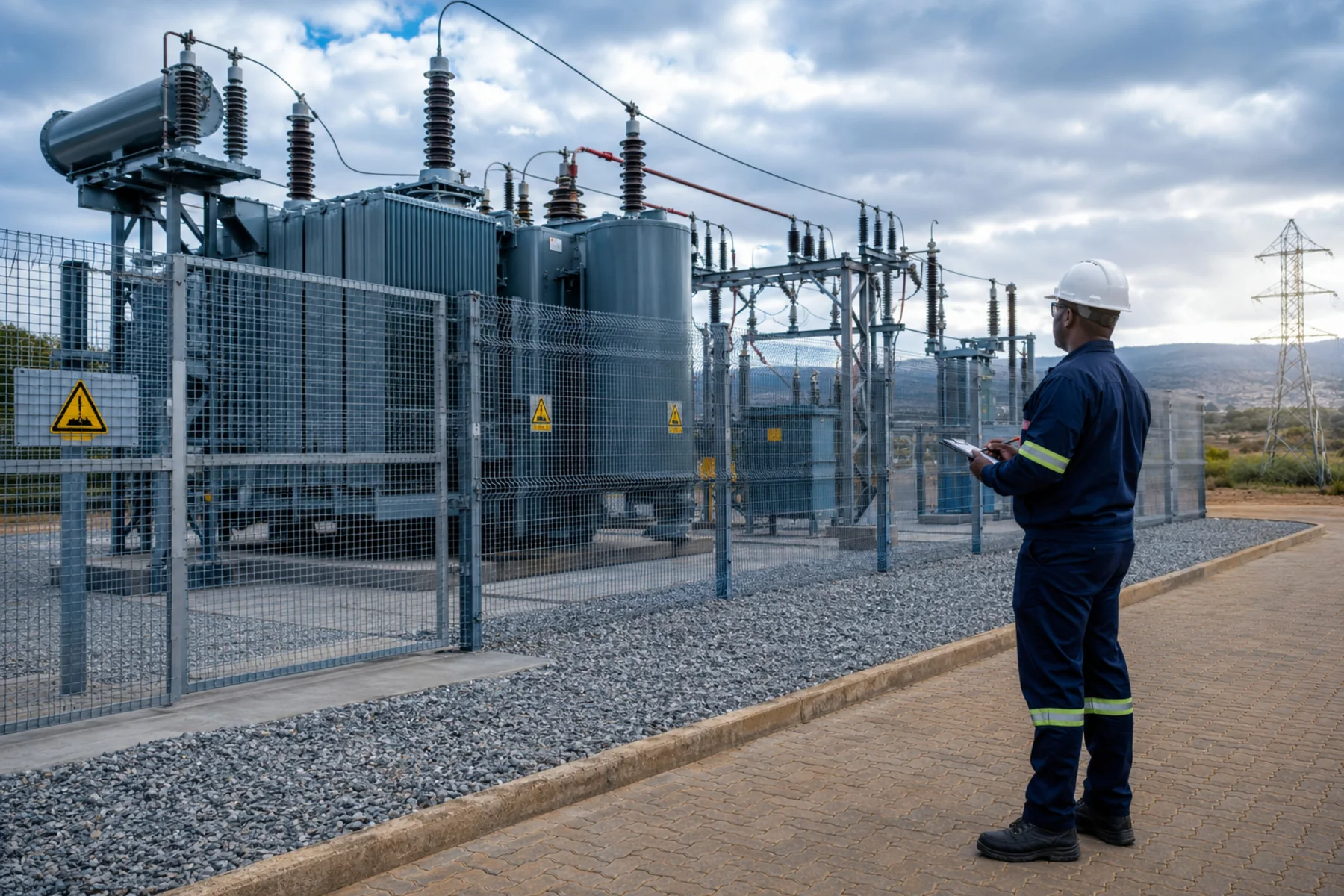 Electrical engineer inspecting a protected outdoor transformer installation