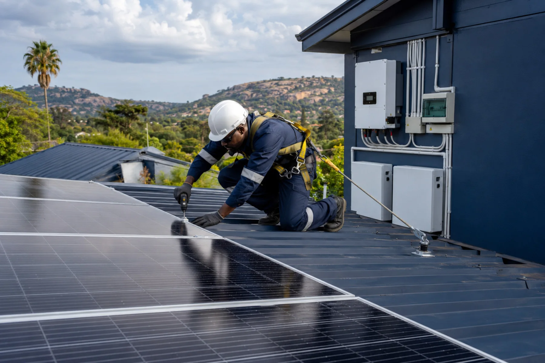 Donmart electrician installing a rooftop solar energy system