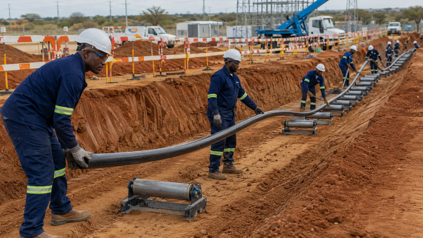 Electrical team installing underground power cable in a prepared trench
